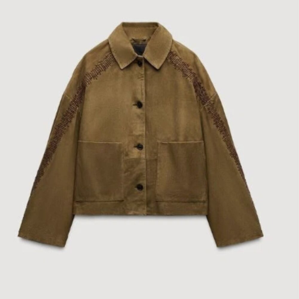 New ZARA ZW COLLECTION EMBROIDERED Suede LEATHER JACKET size S (may fit M)